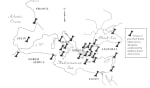 Map showing giant or petrified bones observed n antiquity and confirmed by modern fossil discoveries.