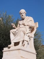Monument of Plato seated. Plato was a famous Greek philosopher from Athens who lived circa. 427-347 BC.