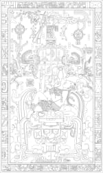 A close up of text of the Palenque Sarcophagus lid of King Pakal on a white background