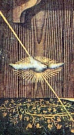 Enlargement of another part of Crivelli’s Annunication reveals another telling detail that dissociates the painting from extraterrestrials. If one follows the beam of light from the angel cloud down to Mary, it passes through a dove before touching the Virgin. The dove is a biblical symbol of the Holy Spirit.
